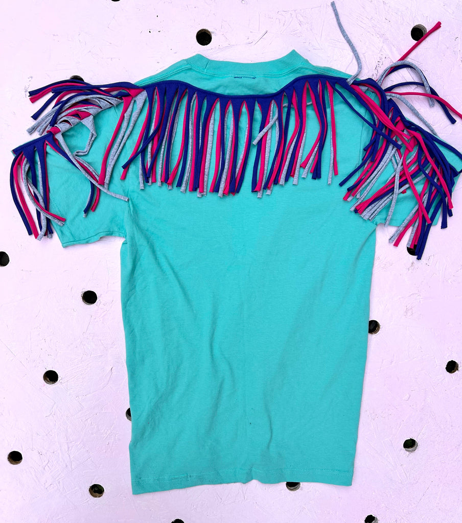 (495) Fringed Unisex Tee - Mint/Cobalt/Hot Pink/Grey - Size M