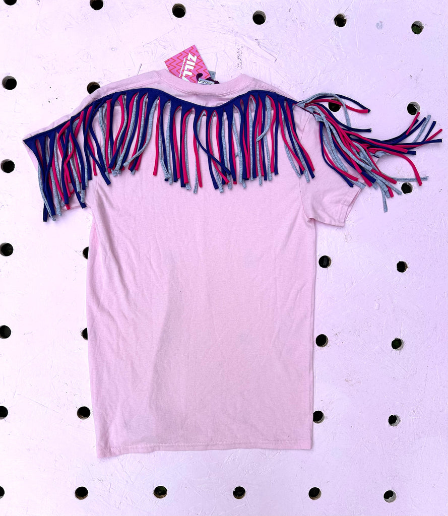 (488) Fringed Unisex Tee - Lt Pink/Cobalt/Hot Pink/Grey - Size S