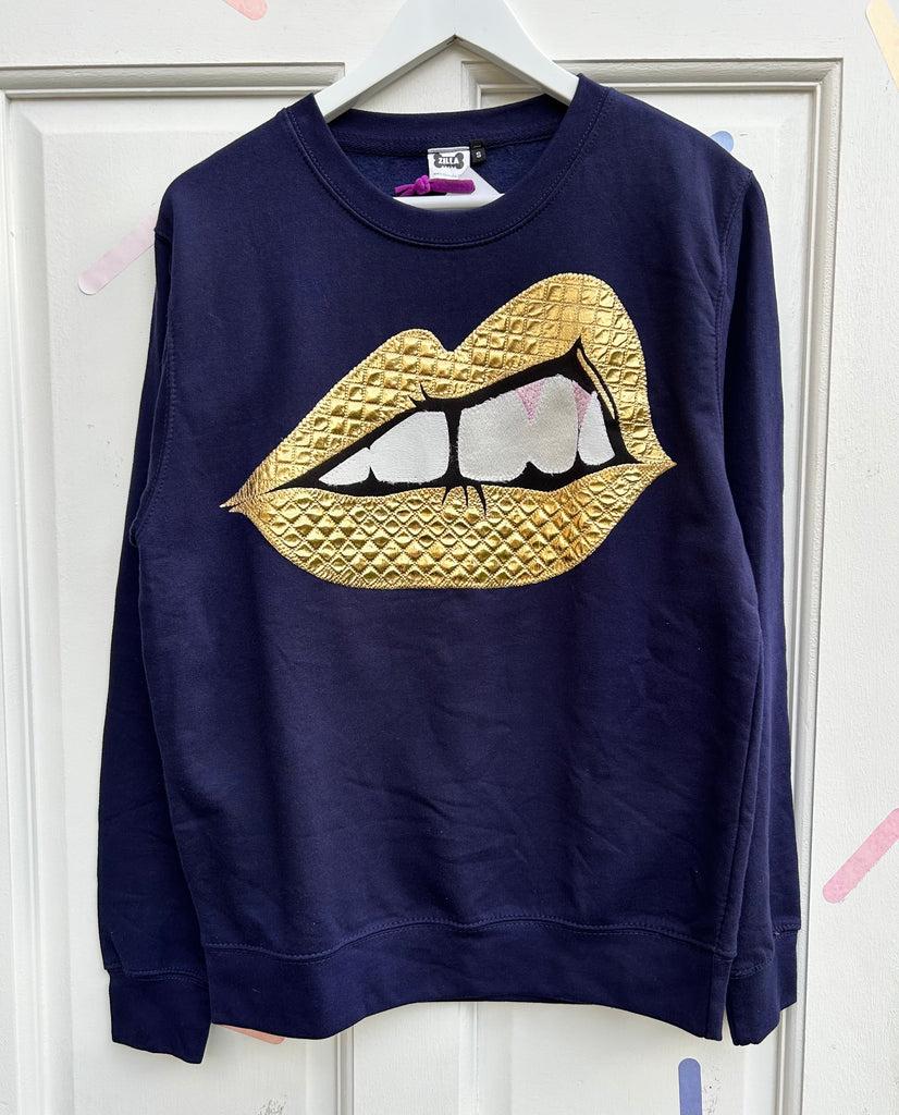 (434) One Off! - Bite Back Unisex Sweat  - Navy/Quilted Gold - Size S