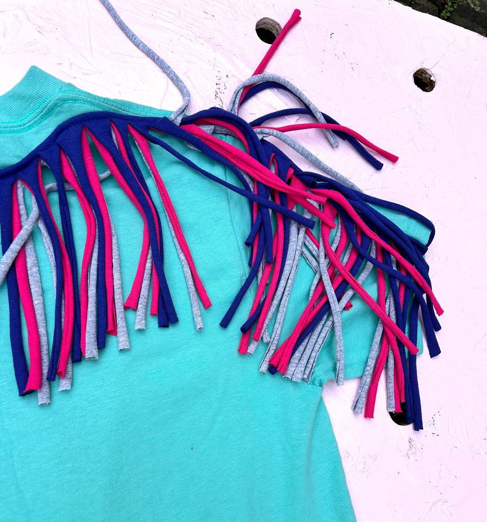 (494) Fringed Unisex Tee - Mint/Cobalt/Hot Pink/Grey - Size S