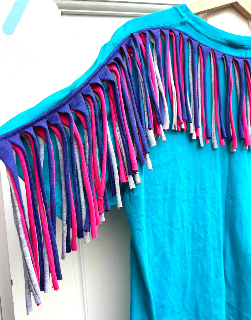 (489) Fringed Oversized Tee - Turquoise/Cobalt/Hot Pink/Grey - Size L