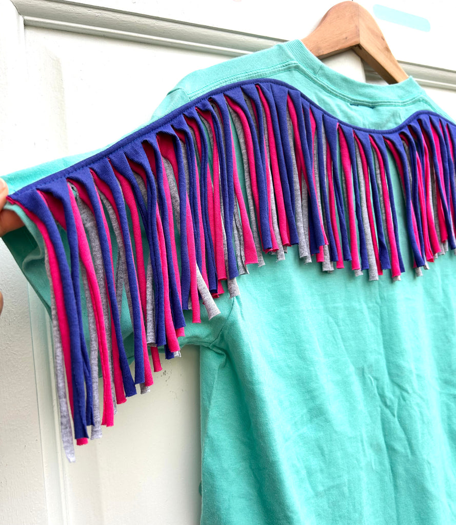 (494) Fringed Unisex Tee - Mint/Cobalt/Hot Pink/Grey - Size S