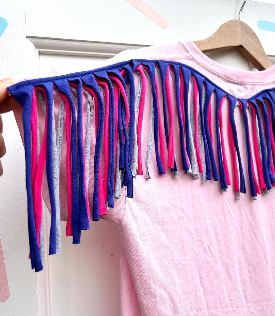 (488) Fringed Unisex Tee - Lt Pink/Cobalt/Hot Pink/Grey - Size S