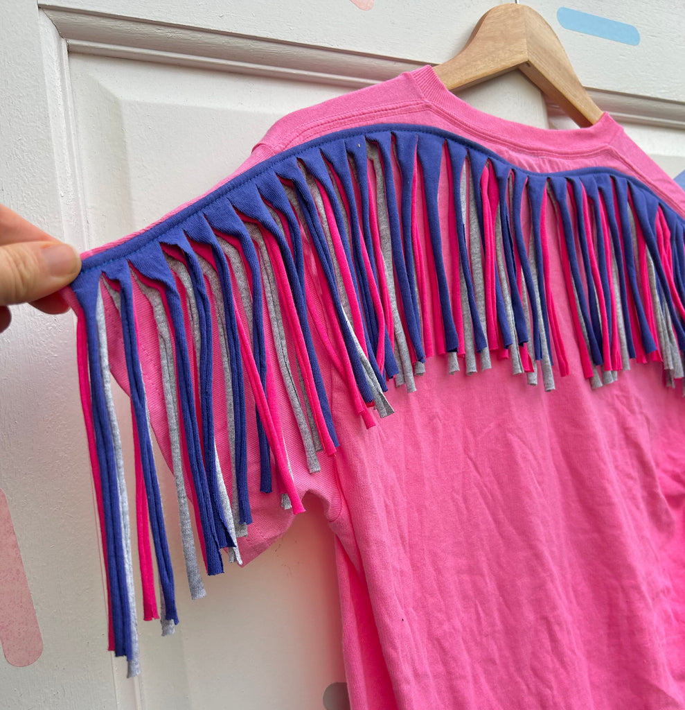 (493) Fringed Unisex Tee - Pink/Cobalt/Hot Pink/Grey - Size S