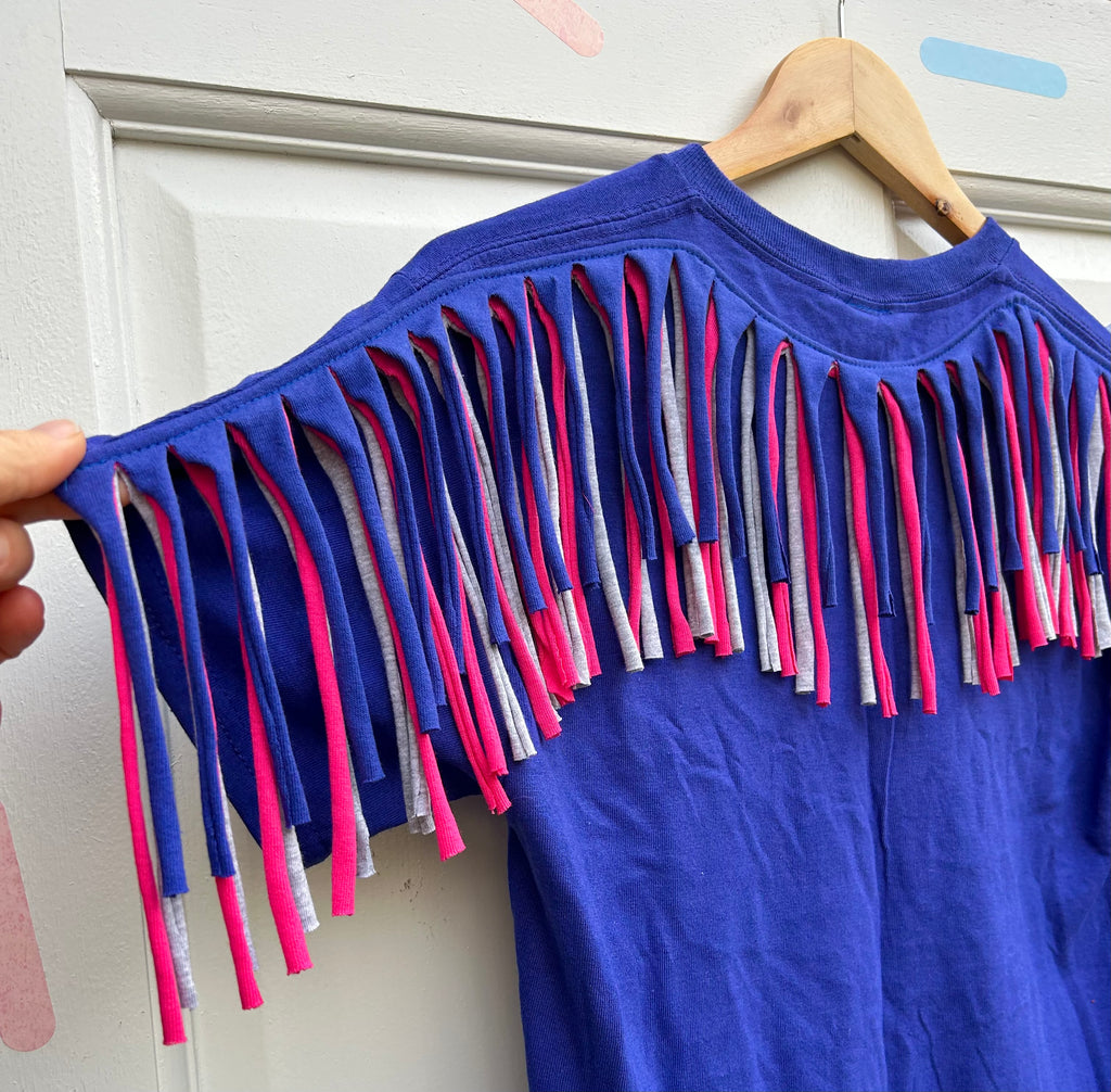 (491) Fringed Unisex Tee - Cobalt/Hot Pink/Grey - Size S