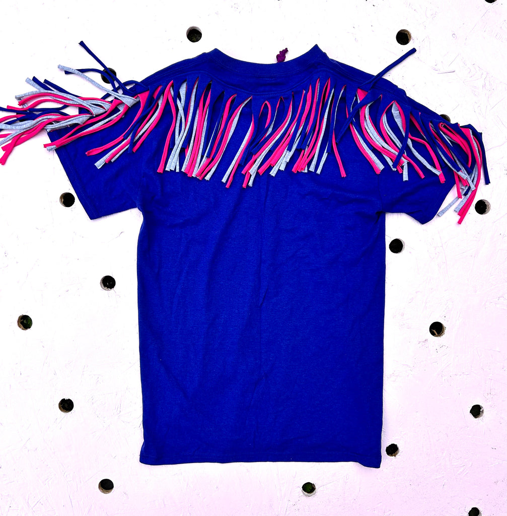 (491) Fringed Unisex Tee - Cobalt/Hot Pink/Grey - Size S