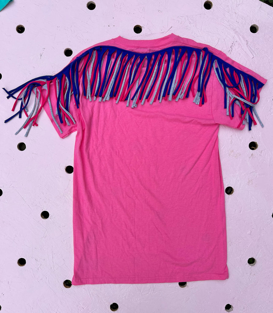 (493) Fringed Unisex Tee - Pink/Cobalt/Hot Pink/Grey - Size S