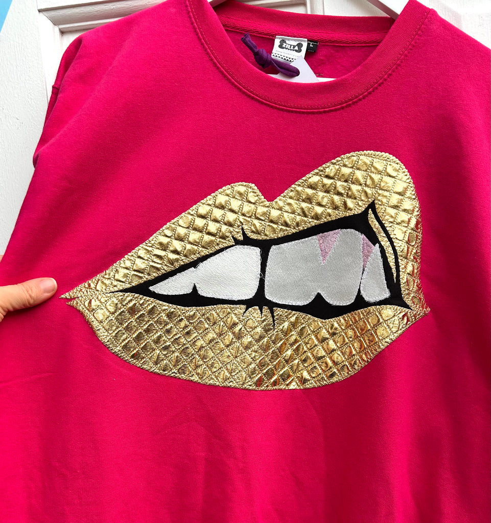 (432) Bite Back Unisex Sweat  - Hot Pink/Quilted Gold - Size L