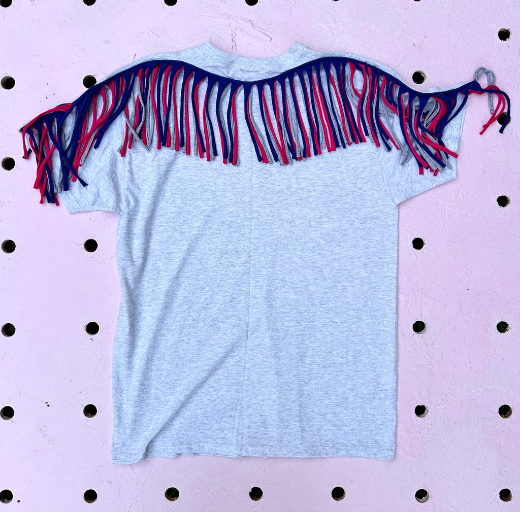 (490) Fringed Unisex Tee - Lt Grey Marl/Cobalt/Hot Pink/Grey - Size L