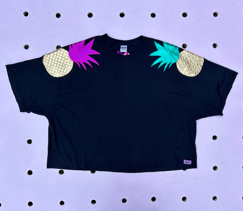 (446) One Off! - Totally Tropical Oversized Tee  - Black/Metallic Pink/Metallic Green - Size XXL