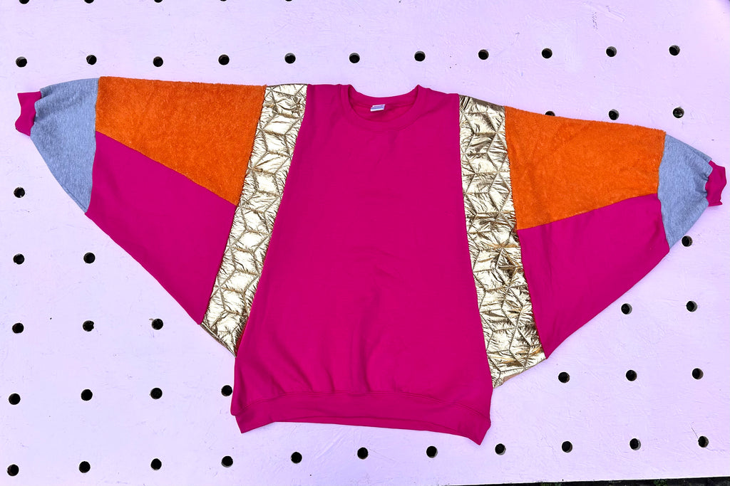 (458) One Off! - Patchwork Batwing Sweat - Hot Pink/Gold/Orange Towelling/ Grey - Size XXL