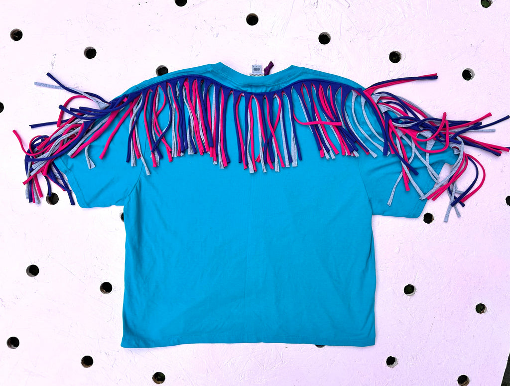 (489) Fringed Oversized Tee - Turquoise/Cobalt/Hot Pink/Grey - Size L