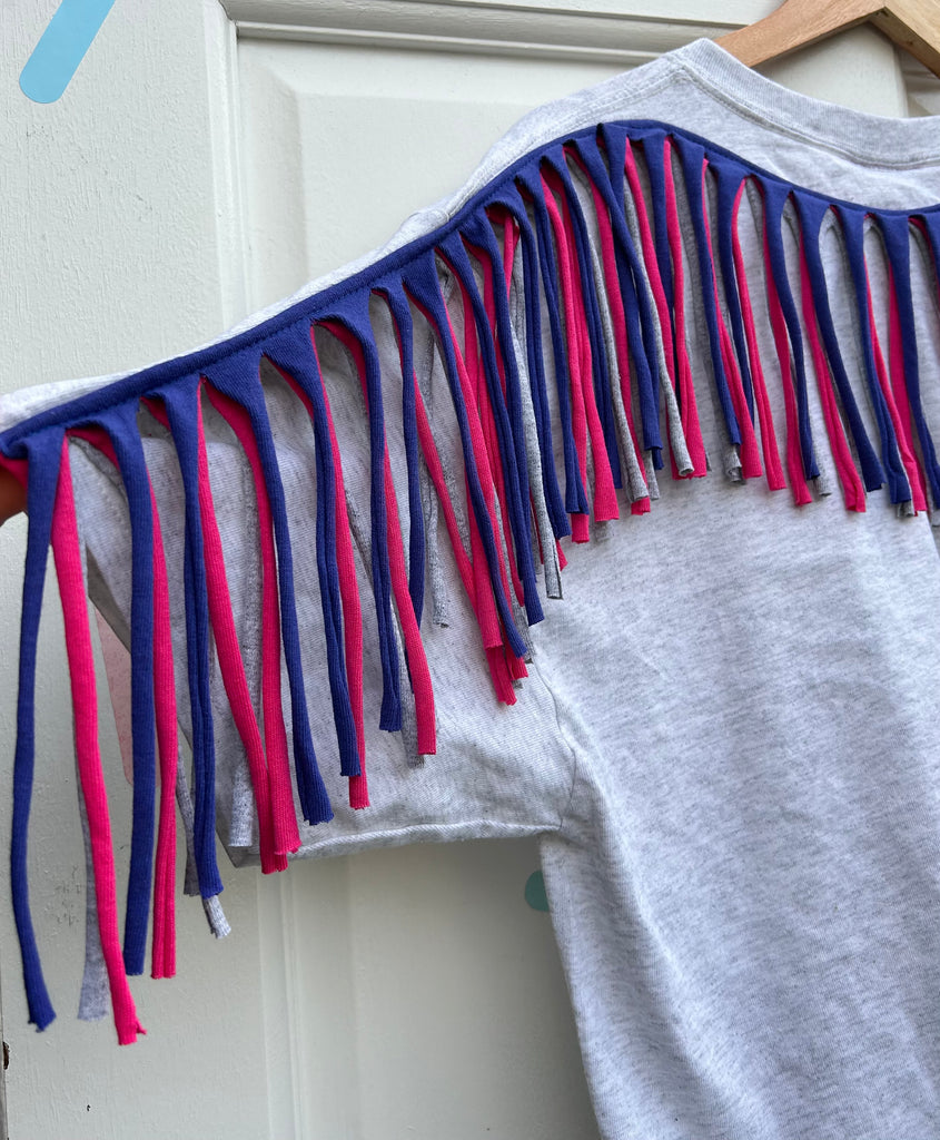 (490) Fringed Unisex Tee - Lt Grey Marl/Cobalt/Hot Pink/Grey - Size L