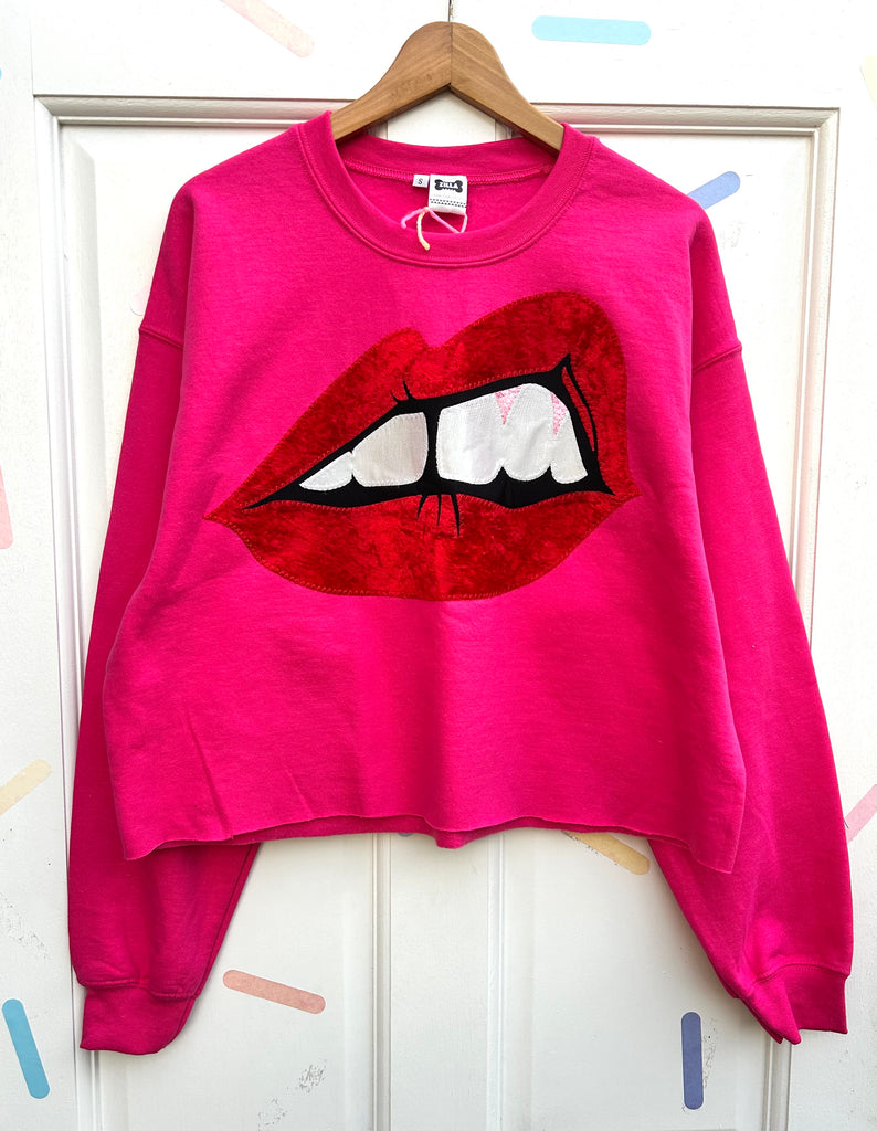 (411) One Off! - Bite Back Unisex Sweat - Raw Hem - Hot Pink/Red Velvet - Size S