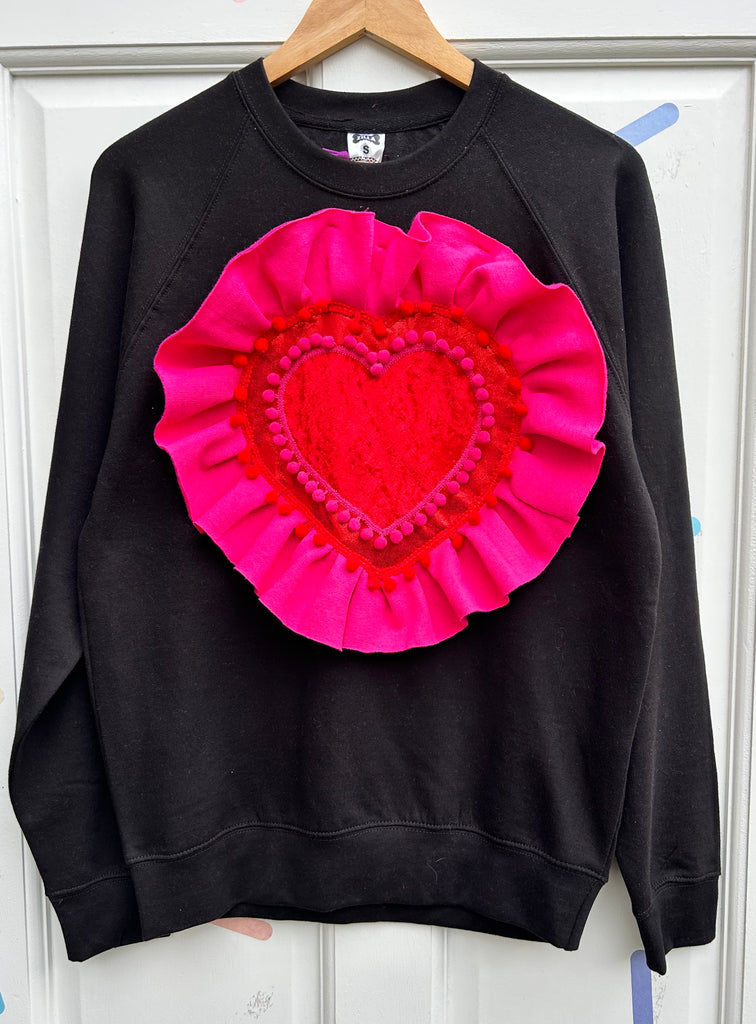 (453) One Off! -  Frilled Heart Unisex Sweat Sample- Black - Size S